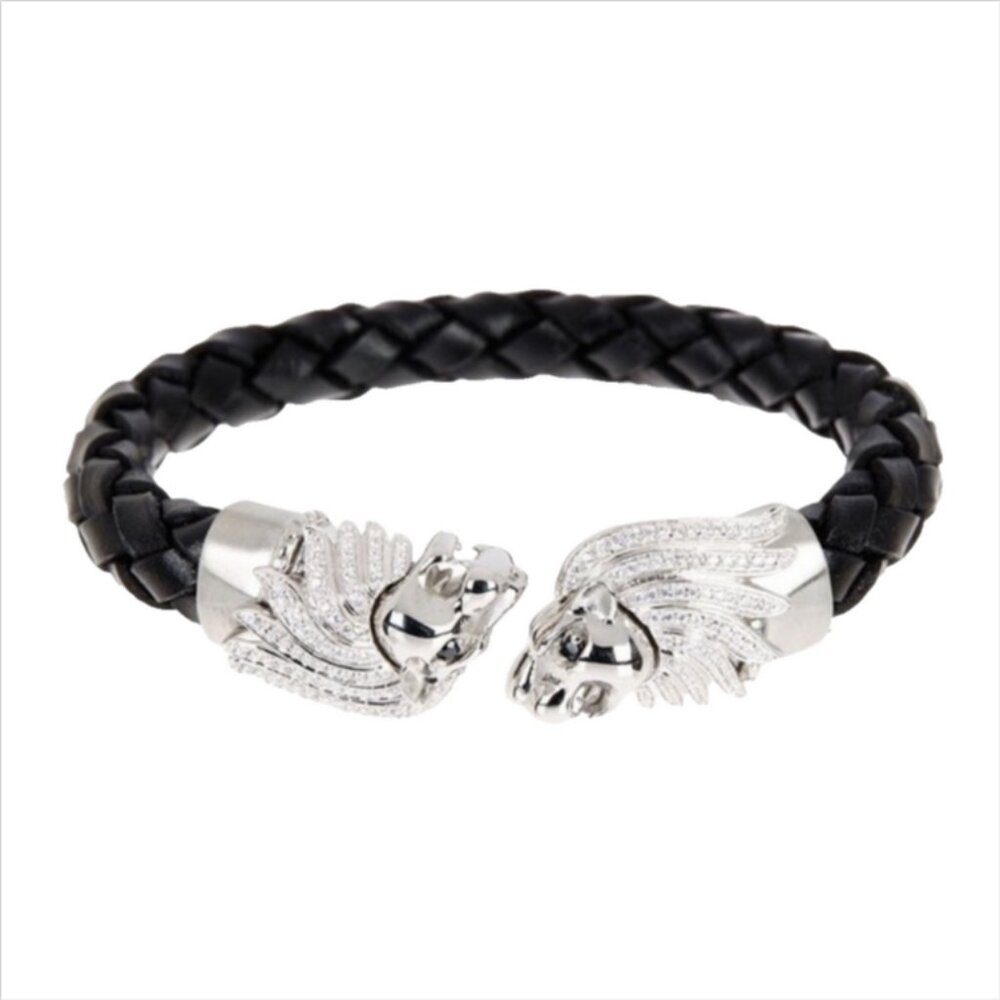 Blackjack Cubic Zirconia Silver Tone Lion Head Black Leather Cuff Bracelet